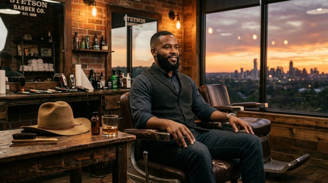 Hombre con corte fade nítido y barba perfilada en una barbería texana al atardecer.
