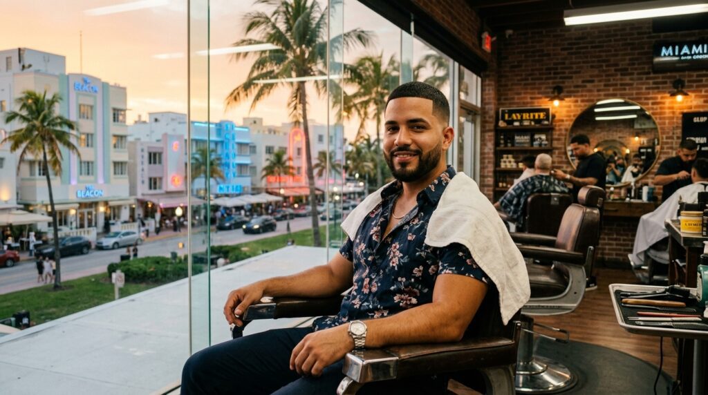 Hombre latino con un corte fade impecable en una barbería de Miami al atardecer.