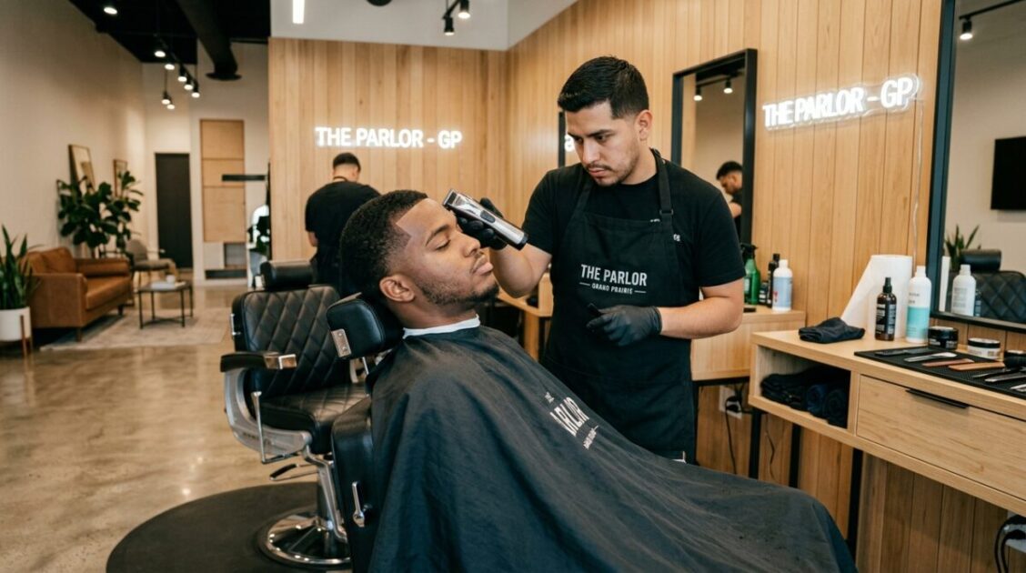 Perfilado de contorno en el espacio tipo lounge de Texas Barber Lounge en Grand Prairie.