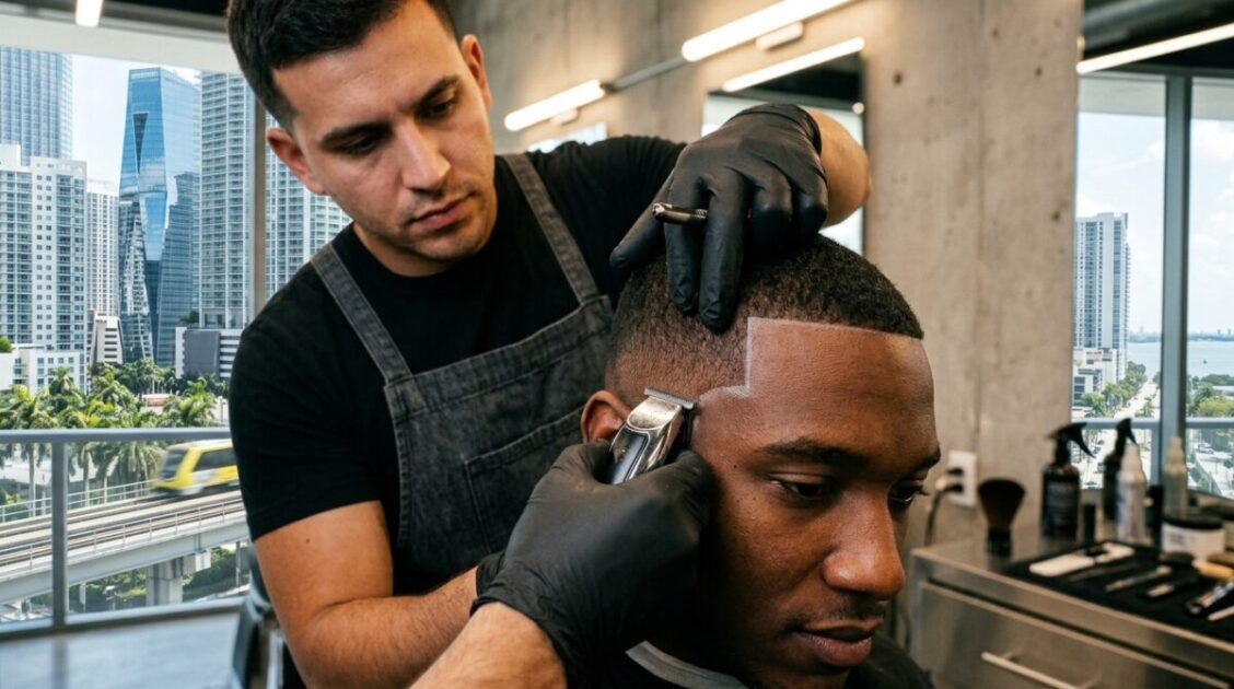 Perfilado de contorno nítido y líneas geométricas en Da Spot Barbershop en Miami.