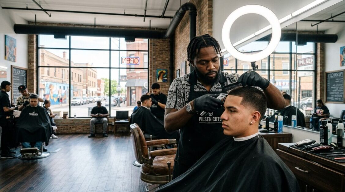 Perfilado de contorno y fade bajo luces de estudio en Refined Barber Co. Pilsen en Chicago.