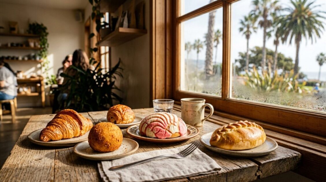 Selección de panadería artesanal con productos de fusión global sobre una mesa iluminada por el sol de California.