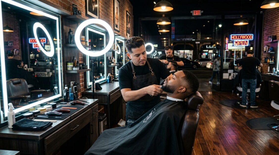 Servicio nocturno de degradado y perfilado de barba en la barbería 24 horas Empire Barbers en Hollywood.