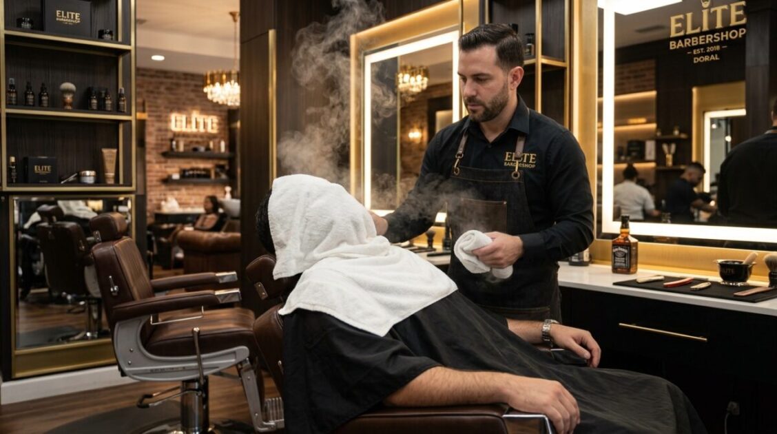 Tratamiento de afeitado con toalla caliente en el entorno sofisticado de Unique Barbershop Doral.