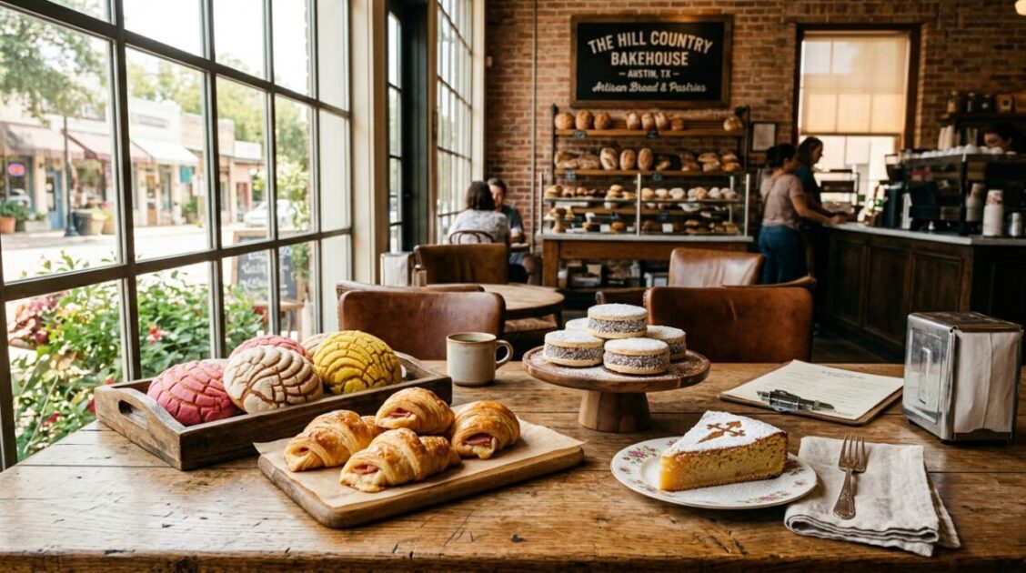 Variedad de pan dulce artesanal latino y europeo sobre una mesa de madera en una panadería de Texas.