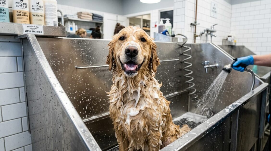 Baño de limpieza profunda y deslanado a un Golden Retriever en All 4 Dirty Paws en Chicago.