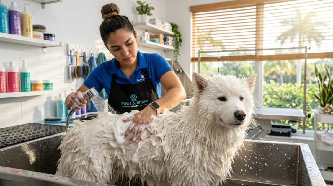 Baño de mantenimiento y cuidado de piel contra la humedad en Tito's Dog Grooming Miami.