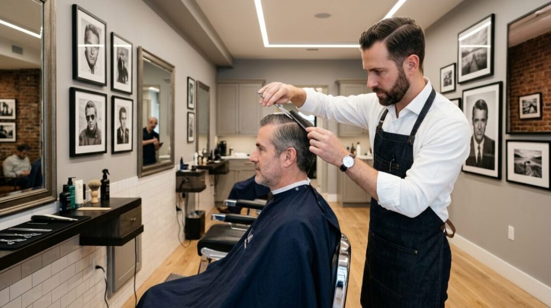 Barbero realizando un corte clásico ejecutivo en el salón ELITE BARBERS NYC en el Upper East Side.