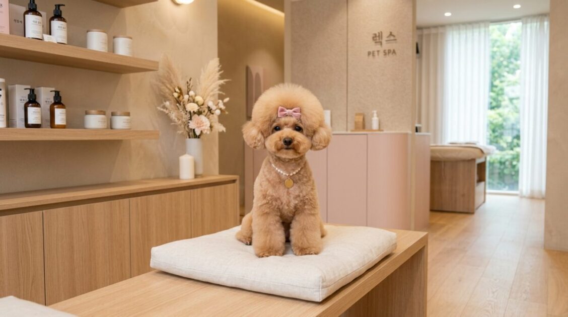 Caniche con corte de estilo coreano en el centro de bienestar y spa PAW LA LA en Koreatown.