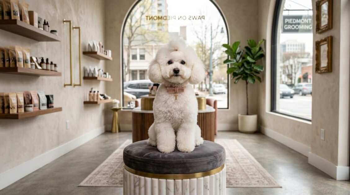 Caniche miniatura con corte estilo oso de peluche en el salón boutique chic Lovedog en Piedmont Avenue.