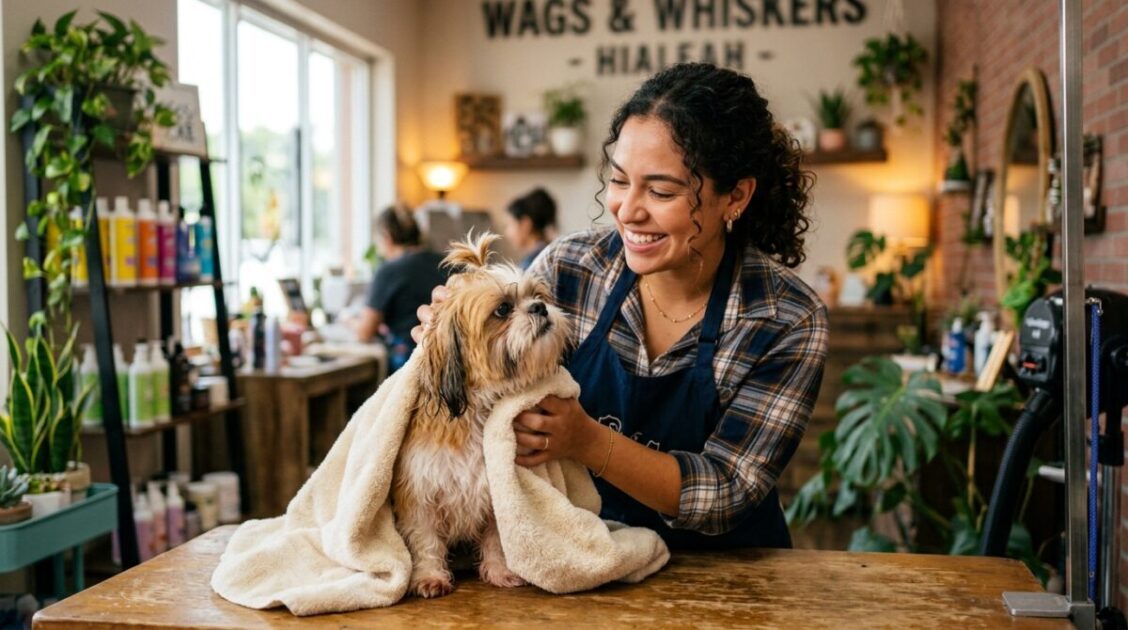 Estilista canina secando con cariño a un perro shih tzu en el salón familiar Amore Pet Grooming en Hialeah.