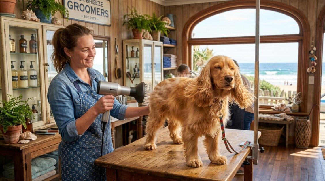 Estilista canino secando el pelaje de un Cocker Spaniel