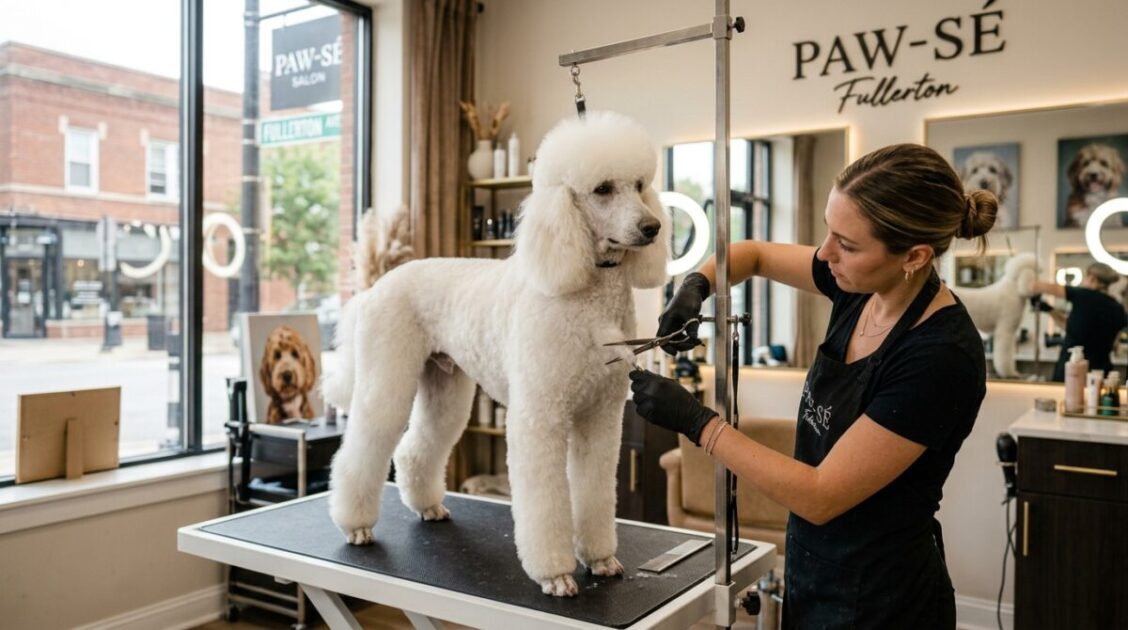 Estilista realizando un corte de tijera artístico a un perro poodle en Salon Dog en Fullerton Avenue.