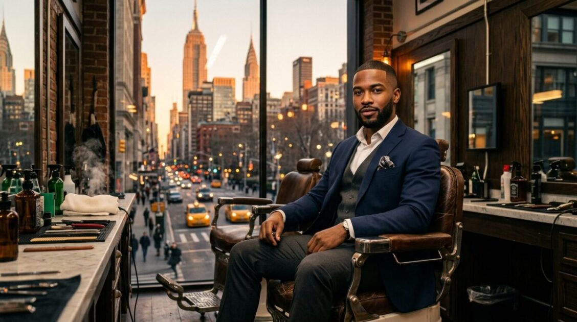 Hombre con corte skin fade perfecto en una barbería con vistas al horizonte urbano de Nueva York.