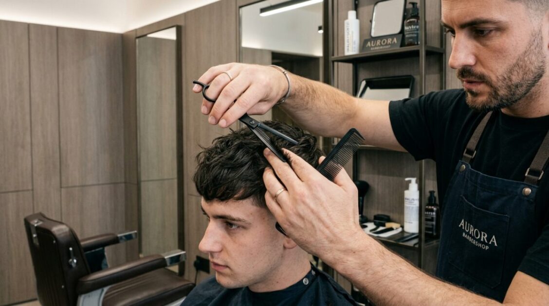 Meticuloso corte de tijera de precisión en el ambiente minimalista de Elegant G Barber Shop en Midtown East.