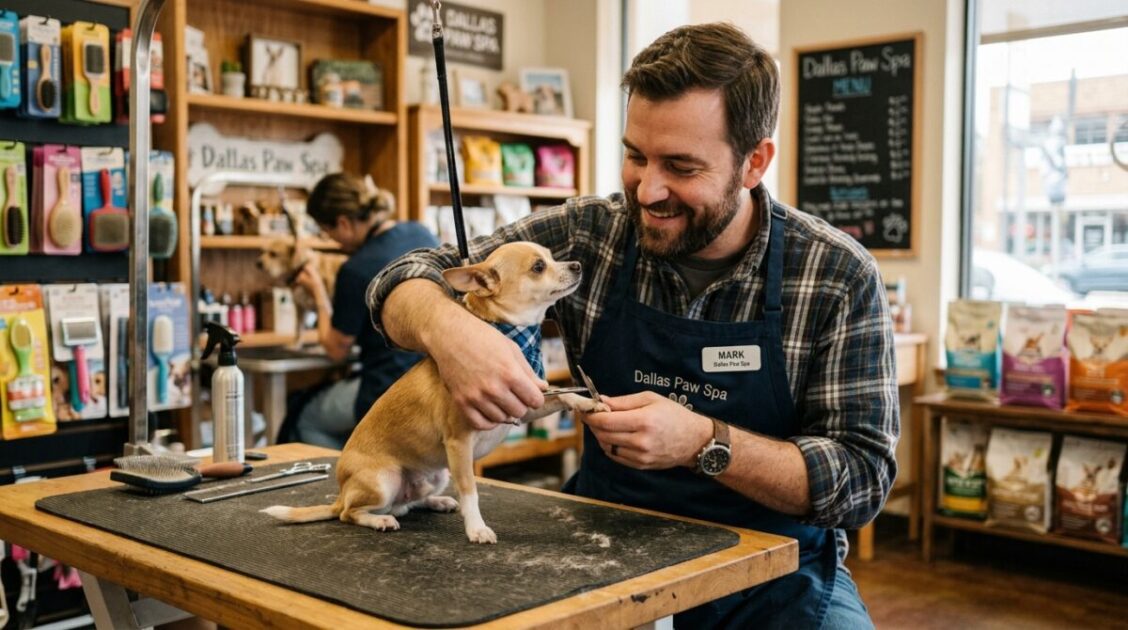 Peluquero canino realizando un corte de mantenimiento con cuidado a un Chihuahua en Carlos Pet Grooming.