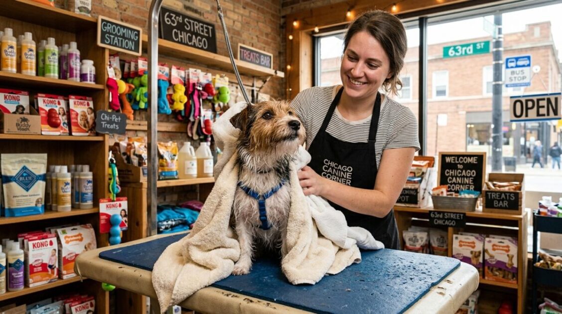 Peluquero canino secando con toalla a un perro pequeño en el cálido salón Guau Dog Grooming de Chicago.