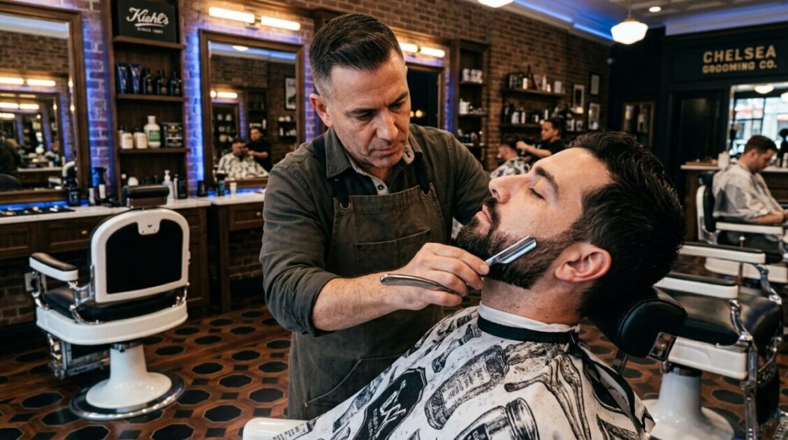 Perfilado de barba y corte estructurado en la sofisticada barbería Manhattan Barbershop NYC en Chelsea.