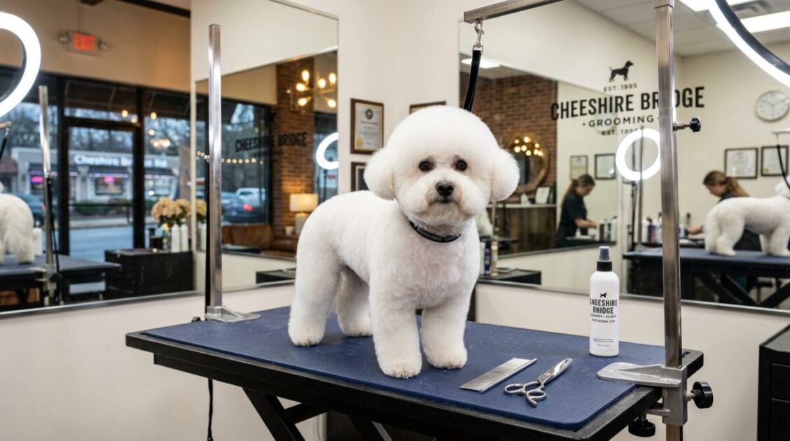 Perro bichón frisé con corte de alta costura y precisión de tijera en Canine House of Style en Cheshire Bridge.