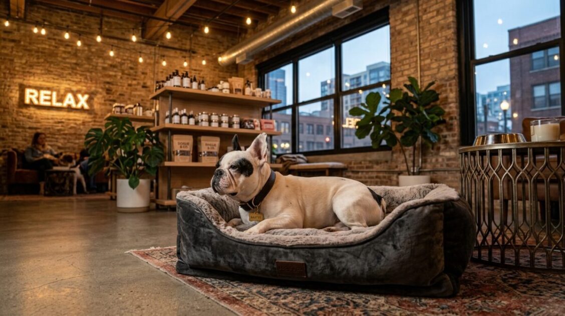 Perro bulldog francés disfrutando de las instalaciones de lujo en Tucker Pup's Pet Resort en Fulton Market.