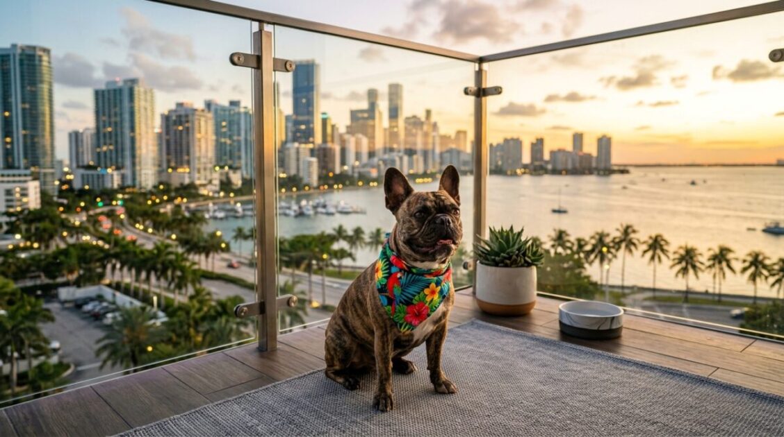 Perro bulldog francés recién peinado con pañuelo tropical sobre el horizonte urbano y palmeras de Miami.