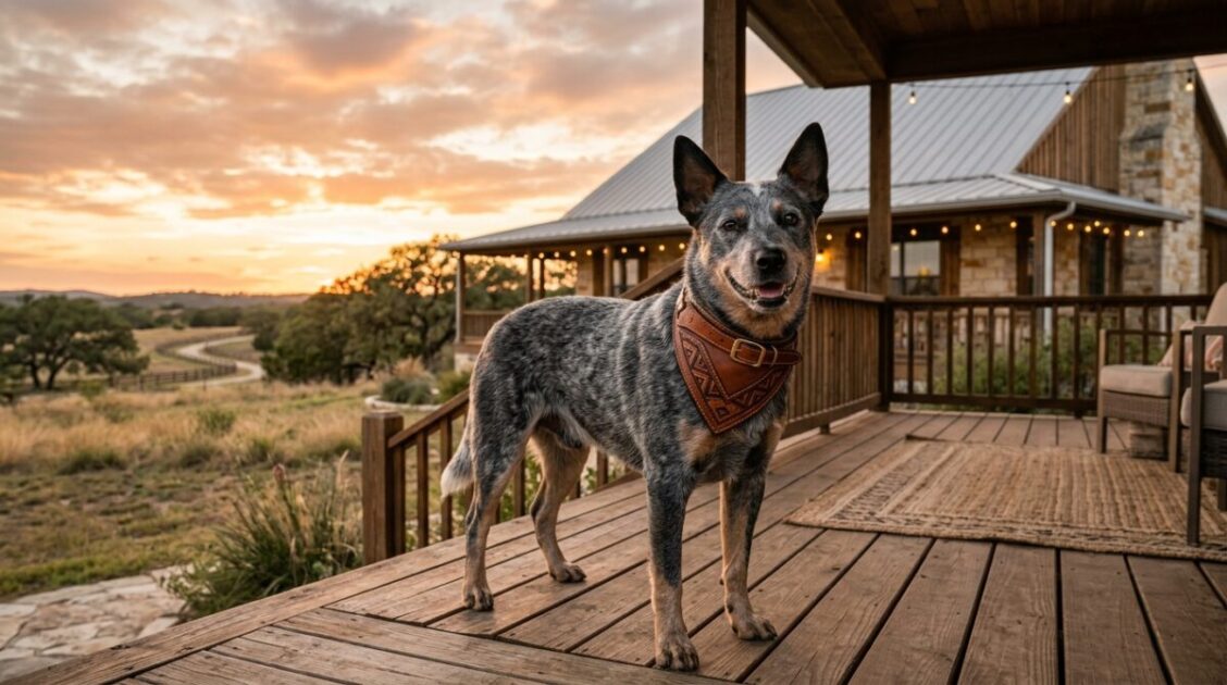 Perro cattle dog heeler recién peinado con pañuelo en un entorno de rancho al atardecer en Texas.