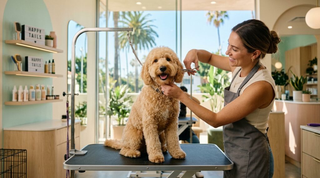 Perro feliz siendo atendido en una peluquería canina moderna y luminosa en Los Ángeles con palmeras de fondo.
