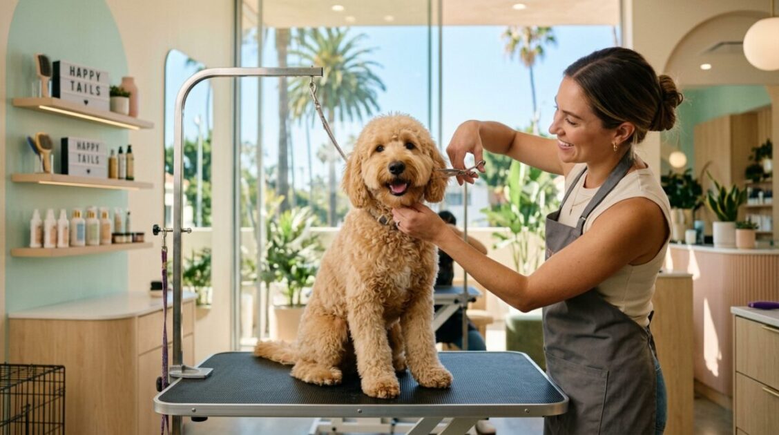 Perro feliz siendo atendido en una peluquería canina moderna y luminosa en Los Ángeles con palmeras de fondo.