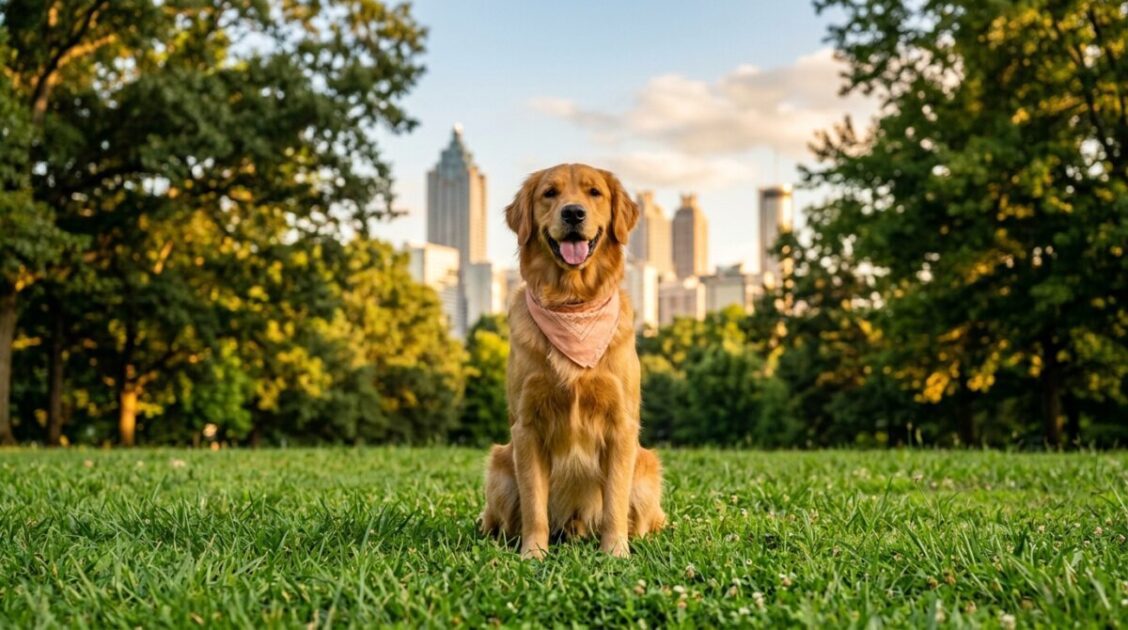 Perro golden retriever recién peinado con pañuelo tono melocotón sobre el parque y horizonte urbano de Atlanta.