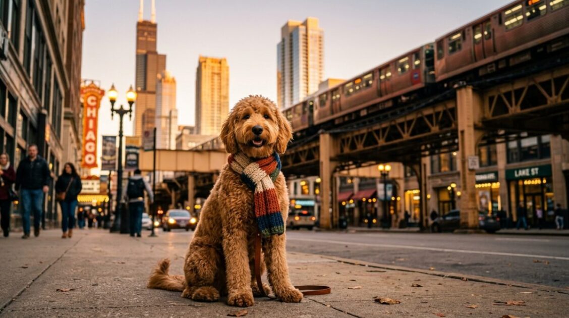 Perro goldendoodle recién peinado con bufanda con el horizonte urbano y tren elevado de Chicago de fondo.