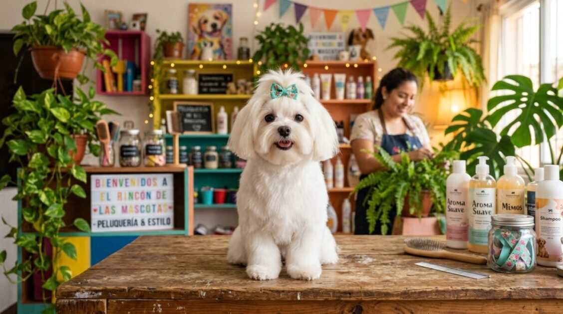 Perro maltés recién peinado y arreglado en el salón Calis Pet Grooming
