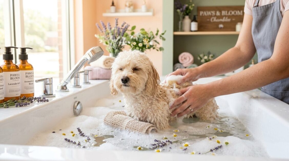 Perro maltipoo disfrutando de un baño de aromaterapia y spa relajante en Happy Pup Spa en Chamblee.