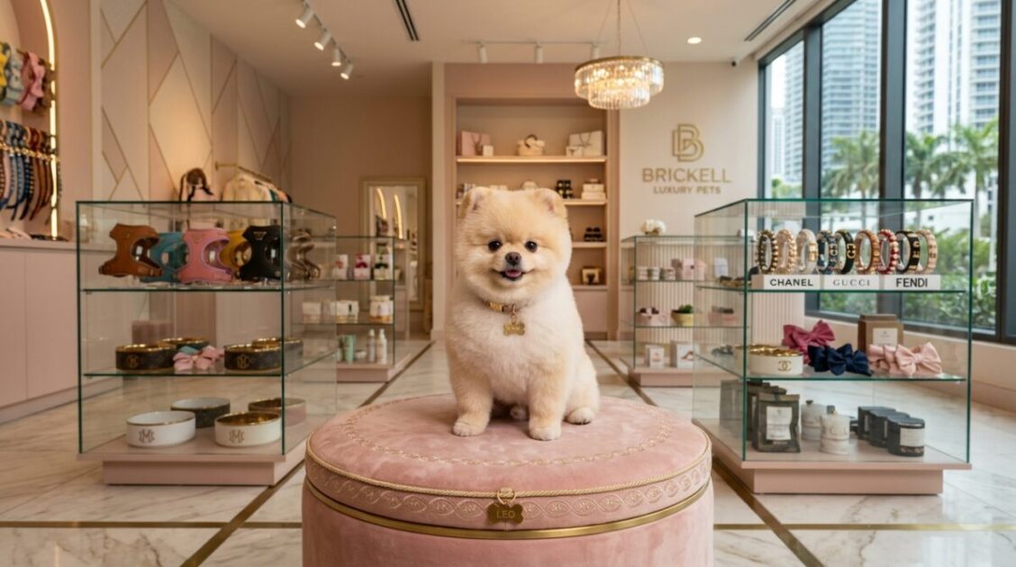 Perro pomerania con corte estilo oso de peluche en la elegante boutique Kool & Kute en Brickell.