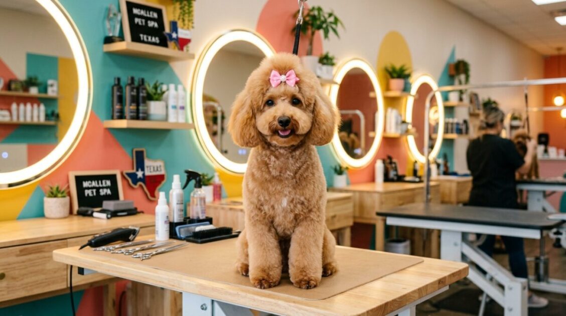 Perro poodle miniatura con corte de estilismo y lazo en el salón Pelukiadogs de McAllen, Texas.