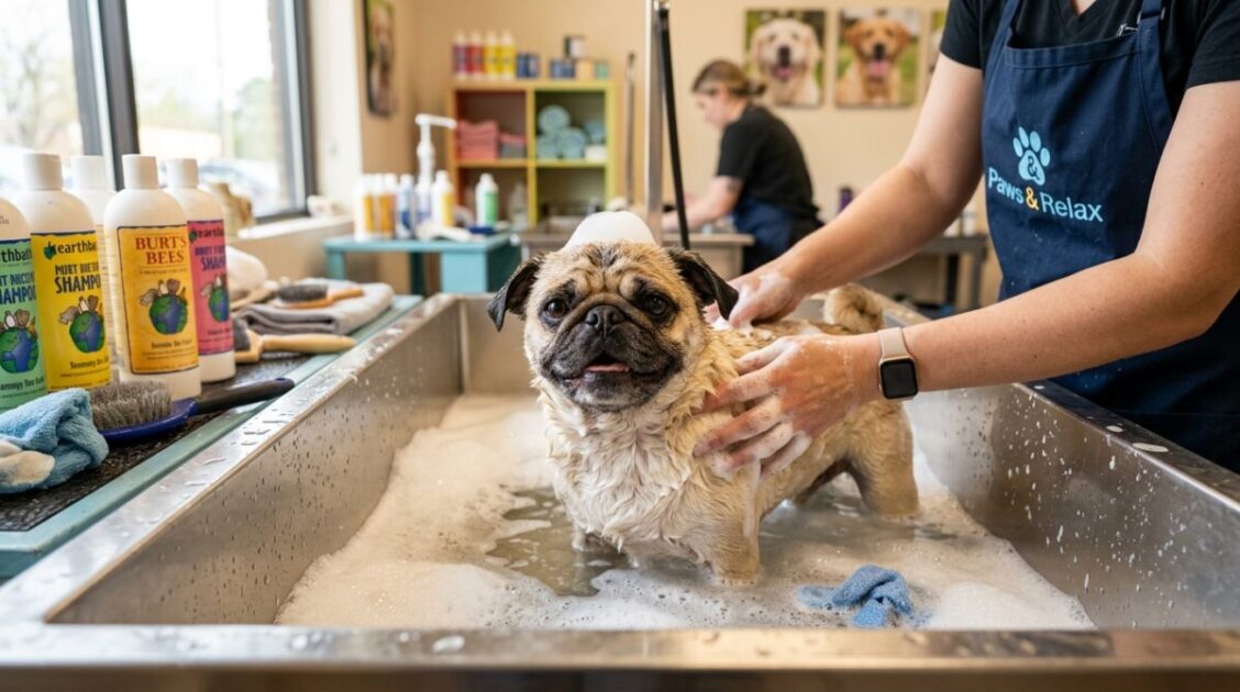 Perro pug disfrutando de un baño de burbujas en el centro de cuidado integral LA Pet Sitting en Eagle Rock.