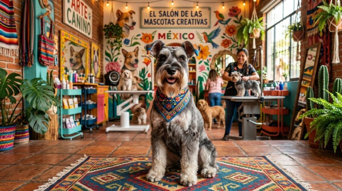 Perro schnauzer con corte creativo y detalles artísticos en Pelukiadogs Estética Canina en la frontera.