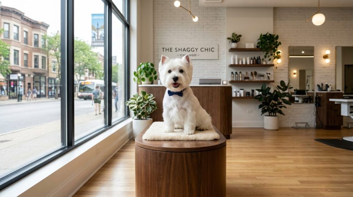 Perro westie con corte de estilo boutique en el elegante salón Dashing Dog en Lakeview Chicago.