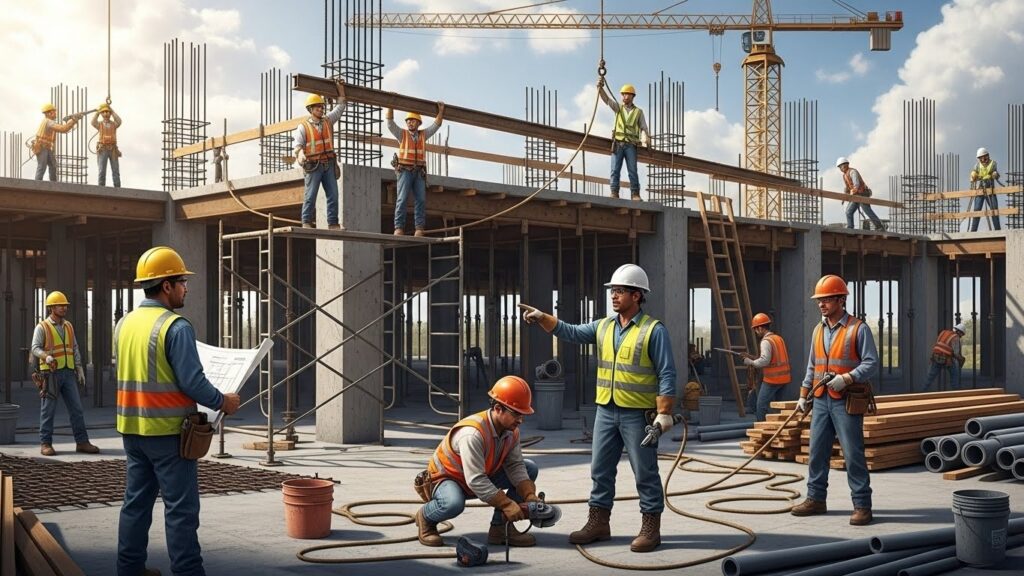 Qué trabajos pagan mejor a los latinos recién llegados en Estados Unidos - "Ilustración realista de trabajadores latinos en una obra de construcción en Estados Unidos."