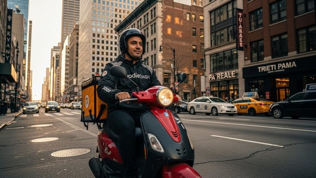 Qué trabajos pagan mejor a los latinos recién llegados en Estados Unidos - "Ilustración realista de un repartidor latino haciendo entregas en una ciudad de Estados Unidos."