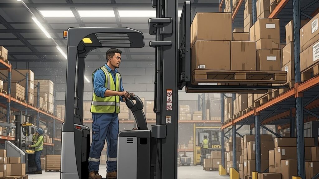 Qué trabajos pagan mejor a los latinos recién llegados en Estados Unidos - "Ilustración realista de un trabajador latino usando montacargas en un almacén de Estados Unidos."