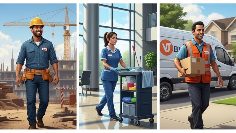 Qué trabajos pagan mejor a los latinos recién llegados en Estados Unidos - "Ilustración realista de trabajadores latinos empezando empleos bien pagados en Estados Unidos."