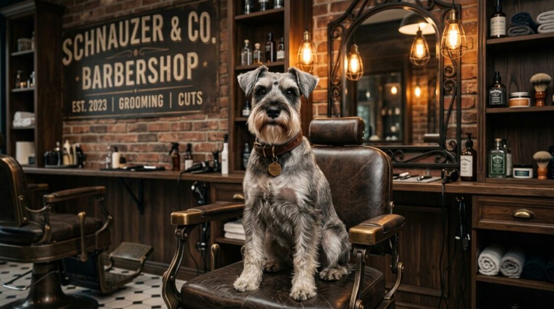 Schnauzer luciente un corte preciso de barbería canina en el salón BARBERCAN en Huntington Park.