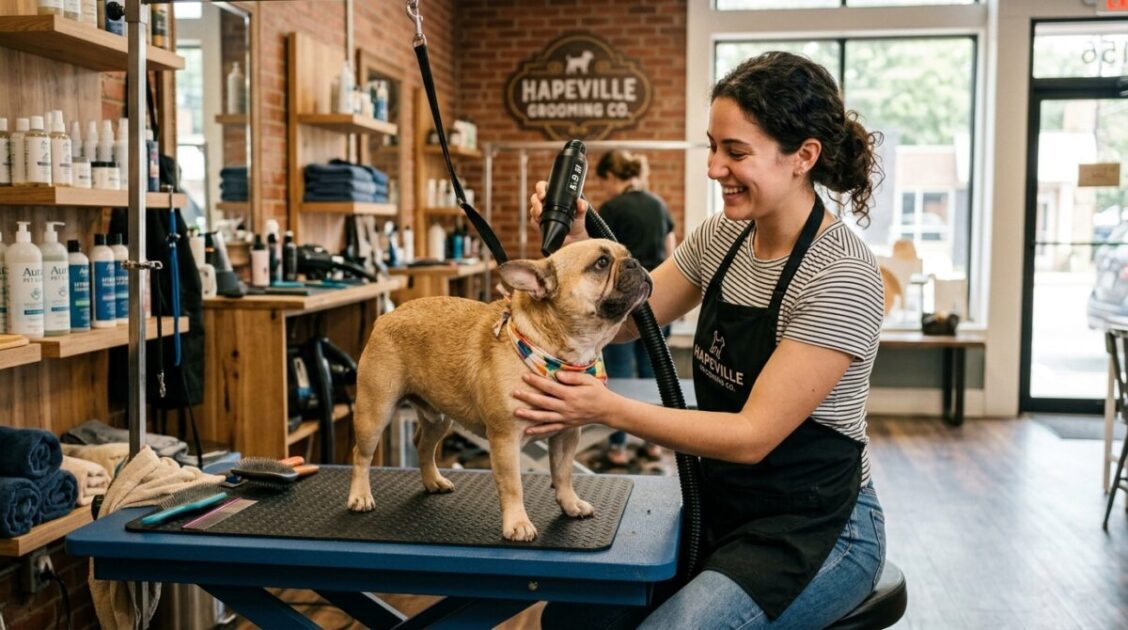 Servicio de lavado rápido y secado a un bulldog francés en el salón Doggie Style Atlanta en Hapeville.
