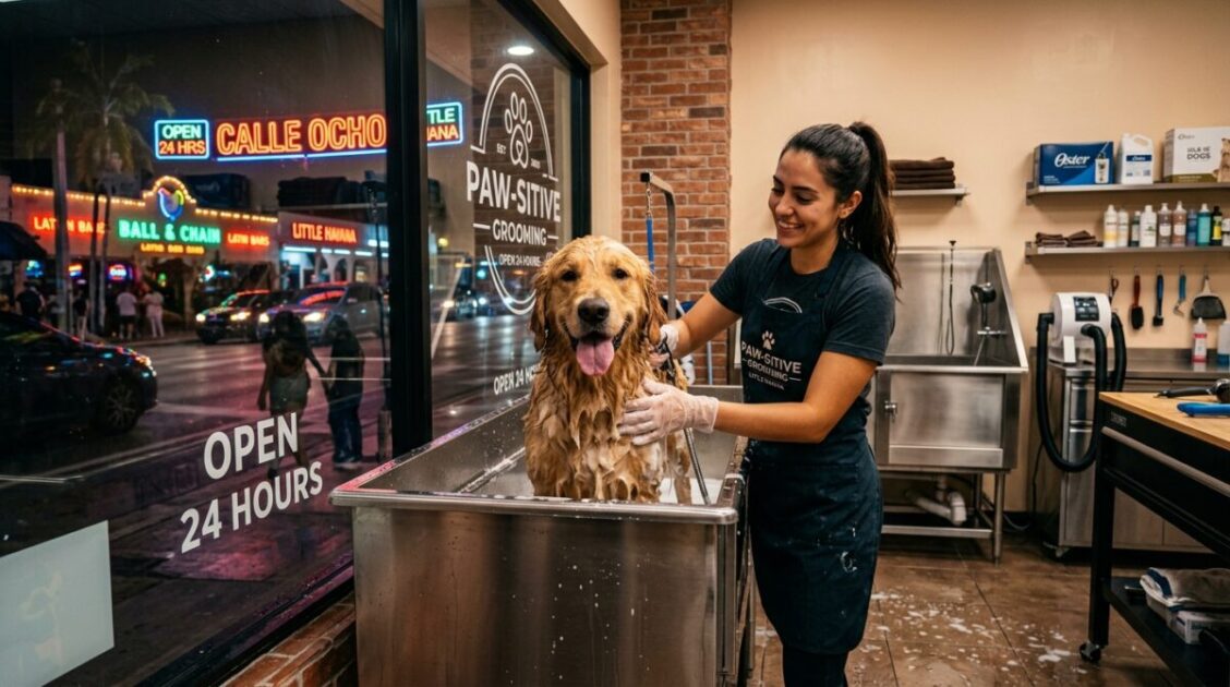 Servicio de peluquería canina nocturno y baño de conveniencia 24 horas en Lavakan Miami en Little Havana.