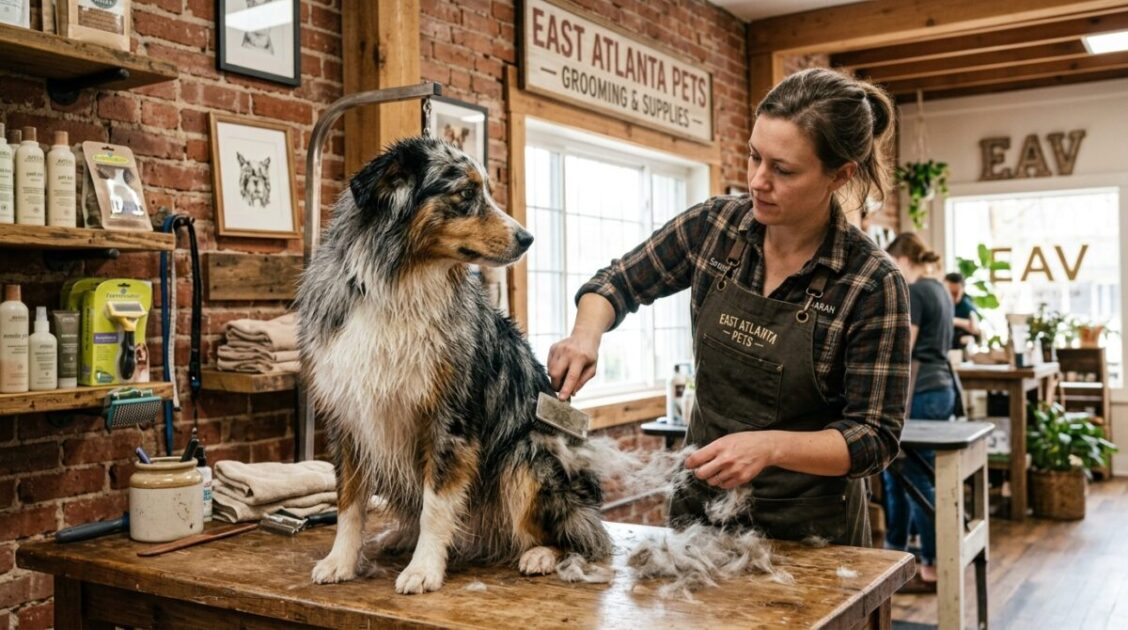 Tratamiento de deslanado a un perro pastor australiano en Furside East Atlanta Pet Grooming en EAV.