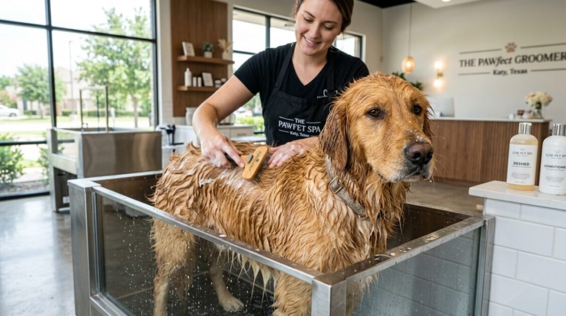 Tratamiento de deslanado y baño profundo a un Golden Retriever en USA Pet Grooming Salon en Katy, Texas.