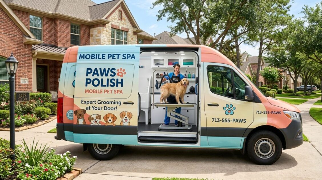 Van de peluquería canina móvil de Gaby's Grooming prestando servicio a domicilio en Spring Branch, Houston.