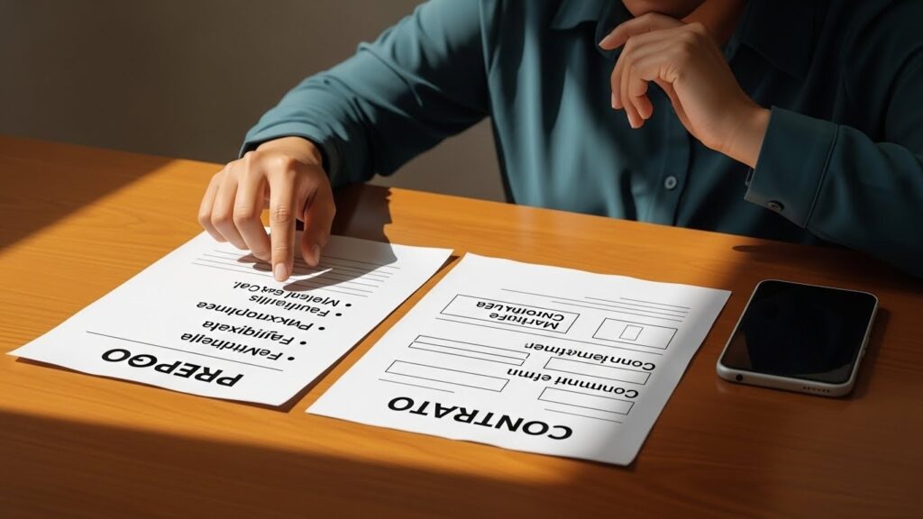 Cómo elegir la mejor compañía telefónica en España siendo inmigrante - “Ilustración realista de un inmigrante comparando prepago y contrato en España.”