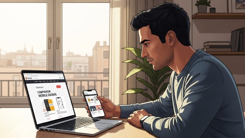 Cómo elegir la mejor compañía telefónica en España siendo inmigrante -“Ilustración realista de inmigrante latino comparando tarifas móviles en España.”