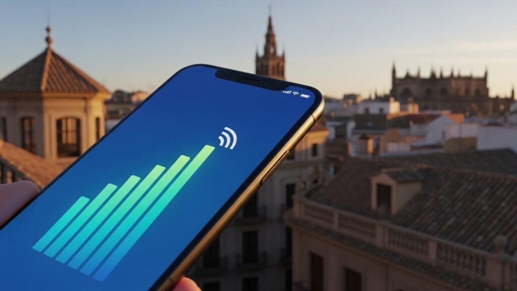 Cómo elegir la mejor compañía telefónica en España siendo inmigrante - “Ilustración realista mostrando señal móvil fuerte en una ciudad de España.”